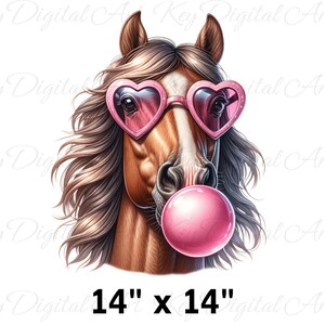 May include: A brown horse wearing pink heart-shaped sunglasses and blowing a pink bubble. The horse is looking directly at the viewer. The image is 14 inches by 14 inches.