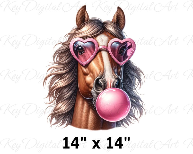 May include: A brown horse wearing pink heart-shaped sunglasses and blowing a pink bubble. The horse is looking directly at the viewer. The image is 14 inches by 14 inches.