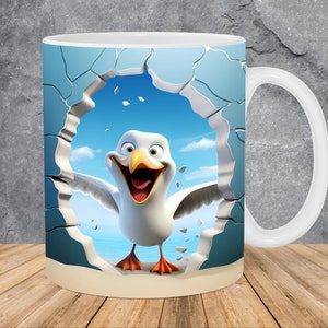 3D Funny Seagull Hole In A Wall Mug Wrap 11oz & 15oz Mug Template, 3D Mug Sublimation Design Mug Wrap Template PNG Instant Digital Download