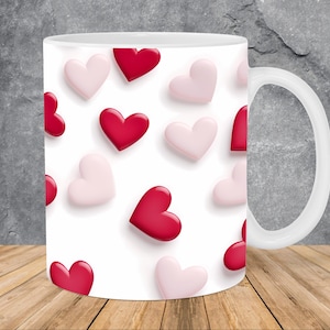 Pink And Red Love Hearts Mug Wrap 11oz & 15oz Mug Template, Love Mug Sublimation Design Mug Wrap Template PNG Instant Digital Download