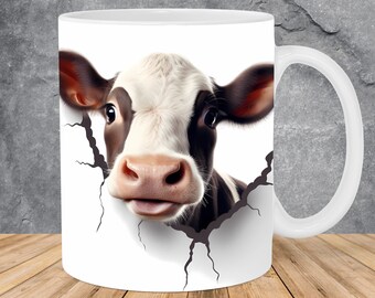 3D Cow Hole In White Wall Mug Wrap 11oz & 15oz Mug Template, 3D Animal Mug Sublimation Design Mug Wrap Template PNG Instant Digital Download