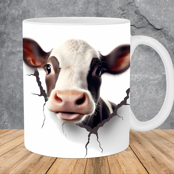 3D Cow Hole In White Wall Mug Wrap 11oz & 15oz Mug Template, 3D Animal Mug Sublimation Design Mug Wrap Template PNG Instant Digital Download