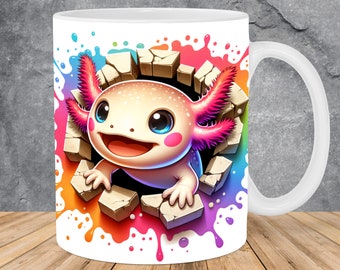 3D buntes Axolotl Loch in einer Wand Becherverpackung 11 Unzen 15 Unzen Bechervorlage, Becher Sublimationsdesign Becherverpackung Vorlage PNG Sofortiger digitaler Download