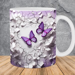3D Crack In A Wall Purple Butterfly Mug Wrap 11oz & 15oz Mug Template, Mug Sublimation Design Mug Wrap Template PNG Instant Digital Download