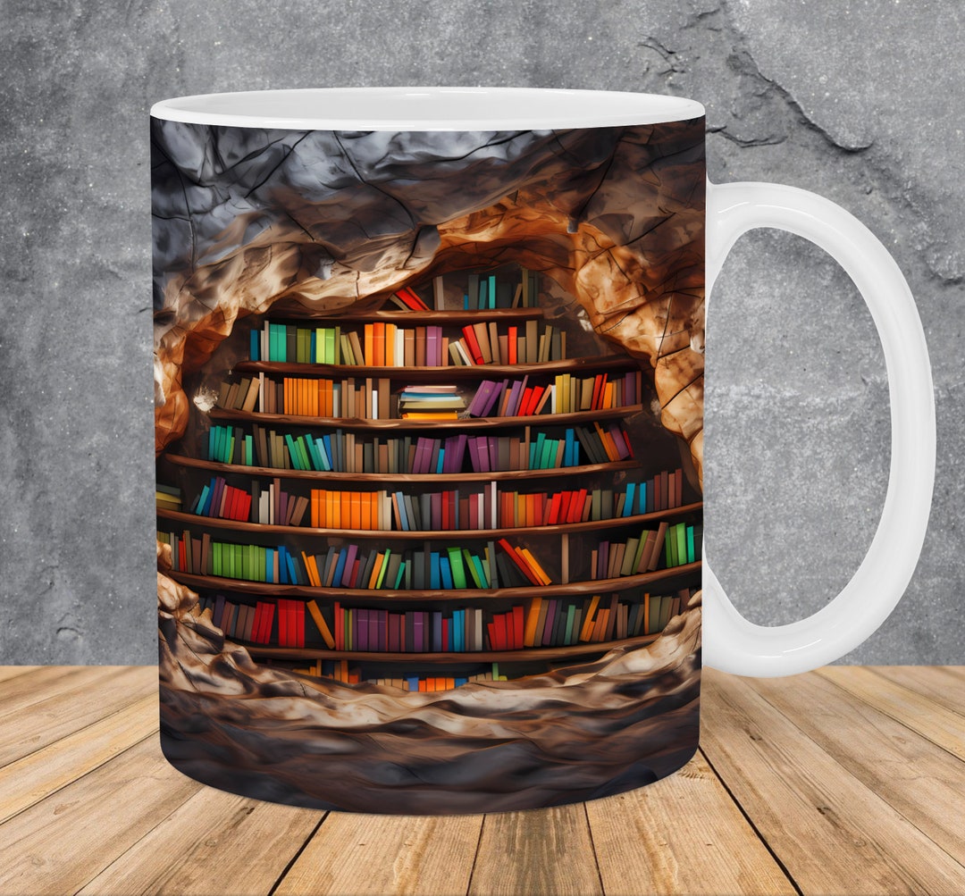 3D Books Library Hole in A Wall Mug Wrap 11oz & 15oz Mug Template, 3D