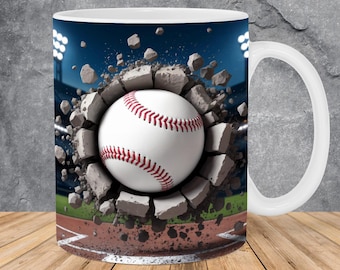 3D Baseball Hole In A Wall Mug Wrap 11oz & 15oz Mug Template, Sports Mug Sublimation Design Mug Wrap Template PNG Instant Digital Download