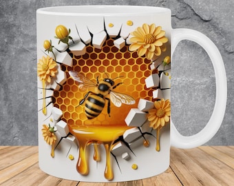 3D Bee Hole In A Wall Mug Wrap 11oz & 15oz Mug Template, 3D Flowers Mug Sublimation Design Mug Wrap Template PNG Instant Digital Download