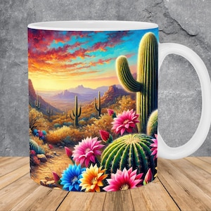 Modello di tazza con stampa a sublimazione di cactus nel deserto, da 11 e 15 once, modello di tazza con stampa a sublimazione di cactus, download digitale istantaneo PNG