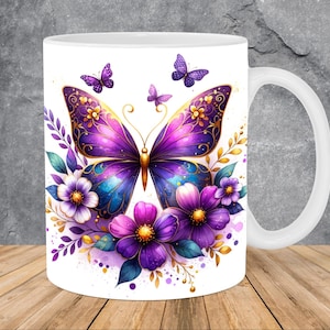 Glitter Purple Butterflies Flowers Mug Wrap 11oz & 15oz Mug Template, Mug Sublimation Design Mug Wrap Template PNG Instant Digital Download
