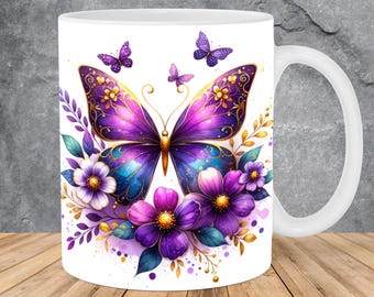 Glitter Purple Butterflies Flowers Mug Wrap 11oz & 15oz Mug Template, Mug Sublimation Design Mug Wrap Template PNG Instant Digital Download