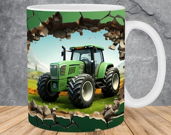 Agujero de tractor verde 3D en una taza de pared Envoltura de taza de 11 oz y 15 oz, plantilla de envoltura de taza de diseño de sublimación de taza 3D PNG Descarga digital instantánea