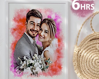 Retrato de pareja en acuarela personalizado a partir de una foto, regalo personalizado de boda o aniversario, pintura digital.