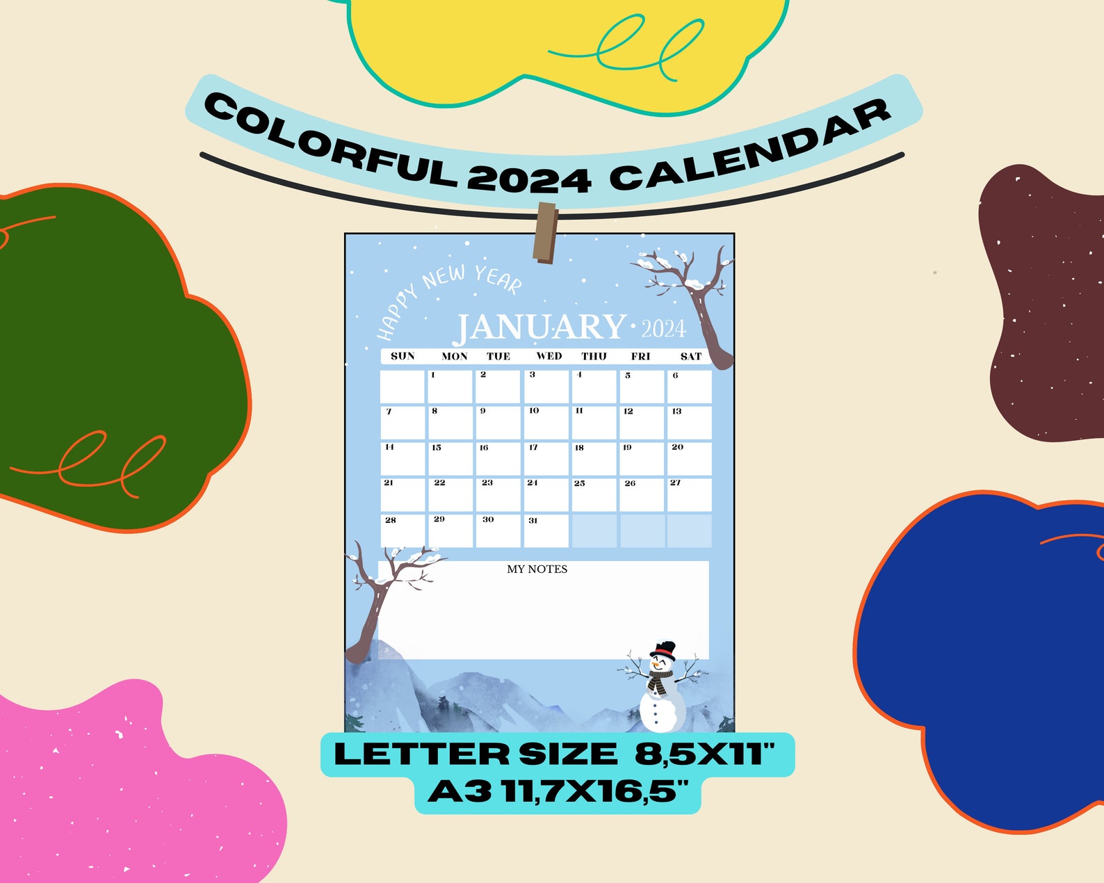 Calendar monthly planner 2024 printable color calendar 2024 for all