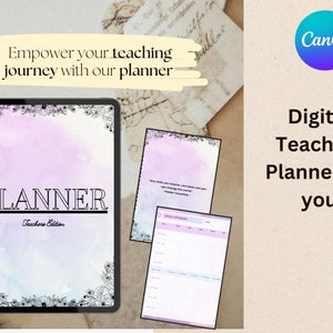 May include: A digital planner for teachers with a watercolour background and floral accents. The planner has a title that says "PLANNER Teachers Edition".
