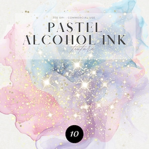 May include: A set of 10 digital backgrounds featuring pastel alcohol ink textures with gold glitter. The backgrounds are perfect for creating invitations, cards, and other digital designs.