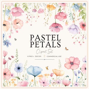 Pastel Field Blooms Border Watercolor Clipart, Floral Clipart, Wildflowers floral clipart, Floral border set, Spring Flowers,Digital Clipart