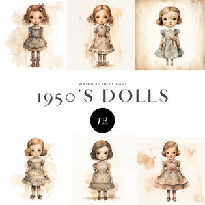 1950&#39;s Vintage Doll Clipart, Victorian Doll, Printable watercolor clipart, High Quality JPGs, Digital download, Paper craft, Junk journals