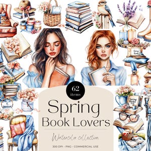 Watercolor Spring Book Lovers Clipart, Book Lovers, Digital Stickers, Scrapbooking, Commercial Use, Printable Watercolor Clipart Spring