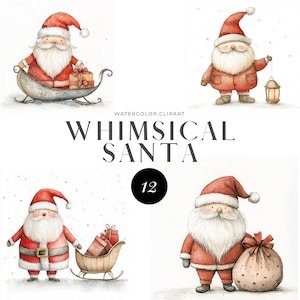 12 cliparts fantaisistes du père Noël, clipart aquarelle imprimable, art mural, fichiers JPG de haute qualité, téléchargement numérique, créations en papier, journaux indésirables