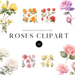 12 Roses Ephemera Clipart, Roses Fussy Cut, Junk Journal, Printable Watercolor clipart, Digital download, Rose Collage, Decoupage Floral