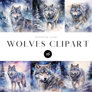 16 Wolf in Winter Clipart, Printable watercolor clipart, Digital download, High Quality PNG/JPG, High resolution, Junk Journal, Paper crafts