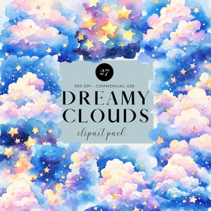 Watercolor Clouds Clipart, Sky Illustration Clipart, Pastel Clouds, Cute Cloudy Graphics, Commercial Use, Baby Shower, Nursery Clipart