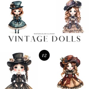 12 Vintage Doll Clipart, Victorian Doll, Printable watercolor clipart, High Quality JPGs, Digital download, Paper craft, Junk journals