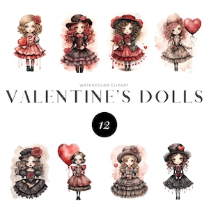 12 Valentines Doll Clipart, Victorian Doll, Printable watercolor clipart, High Quality JPGs, Digital download, Paper craft, Junk journals