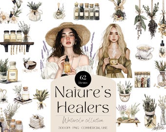 Imágenes prediseñadas de los curanderos de la naturaleza en acuarela, imágenes prediseñadas de hierbas, imágenes prediseñadas de acuarela imprimibles, medicina natural, flores, lavanda, boticario, hierbas PNG