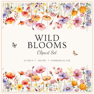 Conjunto de clipart de aquarela de flores silvestres – Bordas florais em PNG, padrões sem emendas, flores de outono, flores de prado, download digital