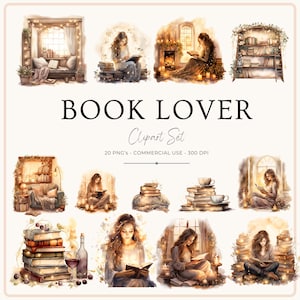 Watercolor Book Lover Clipart, 20 Watercolor Books illustrations, Book Love Clipart, Reading Clipart PNG instant download for commercial use