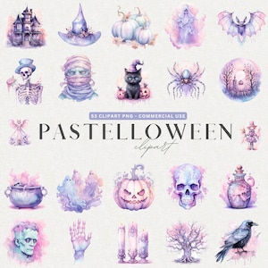 Pastel Halloween Clipart, 53 Halloween clipart, commercial use clip art, watercolor design, PNG Pastel Goth illustrations, Pastelloween