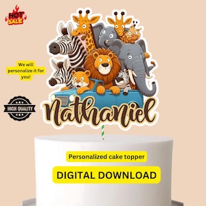 Adorno de animales, animales de la selva imprimibles, decoración personalizada para tartas, fiesta temática salvaje, decoración para tartas de cumpleaños
