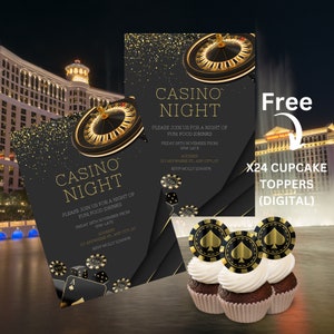 Extravagância de Vegas: convites para festas de trabalho do cassino - pôquer, Evite Digital, Cupcake Toppers