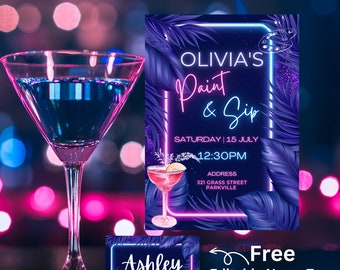 May include: A neon pink and blue invitation for a paint and sip party. The invitation features a tropical leaf design and the text "Olivia's Paint & Sip" with the date and time of the event. The invitation also includes a free editable name tag with the text "Ashley" in neon pink and blue.