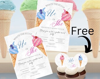 May include: A set of 24 gender reveal cupcake toppers featuring a blue and pink ice cream cone design. The toppers say "He or She" and are perfect for a gender reveal party.