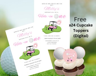 Op de afbeelding: Een set van 24 printbare cupcake-toppers met een golfkar, een golfbal en de tekst "Hole-in-one" in roze en wit. De toppers zijn ontworpen voor een golf-themafeest.