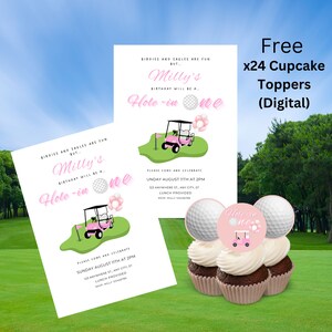 First Birthday Girls Golf Party Invite - Hole in One Girls Celebration Digital Invitation