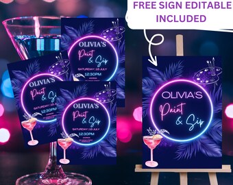 May include: Three printable invitations for a paint and sip party with a neon pink and blue design. The invitations feature a paintbrush, paint palette, and tropical leaves. The text on the invitations reads "Olivia's Paint & Sip" and includes the date and time of the event. A free sign is also included with the same design.