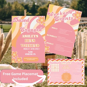 Invitación digital Groovy Retro Dazed & Engaged Bachelorette\Hens con tarjeta de juegos gratis
