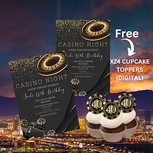 Viva Las Vegas: Casino 40th Birthday Party Invites & More - Poker, Digital Evite, Cupcake Toppers