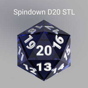 May include: A blue 20-sided die with white numbers. The die is a spin down style, meaning the numbers are on the faces of the die, not the edges.