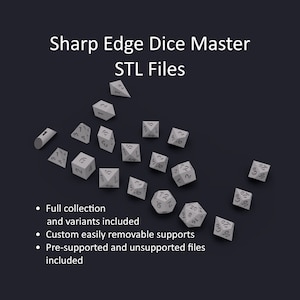 Sharp Edge Dice Master stl Files for 3D printing, Custom supports for easy removal, Roboto Black Font.