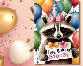 Printable Raccoon Birthday Card,Cute Animals Birthday Card, Digital Download Birthday Card,Printable Birthday Card