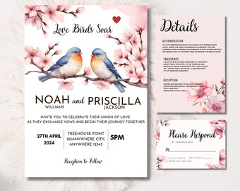 Love Bird Wedding Invitation Suite,Spring Wedding Invitation Suite,Save the Date, Instant Download