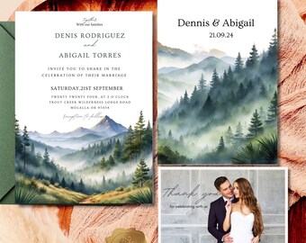 Mountain Wedding Invitation Set,Woodlands Pine Forest Wedding Invitation Suite,Misty Mountains Forest Wedding Invitation