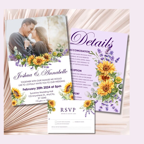 Sunflower and Lavender Wedding Invitation,Printable Wedding Invitation,Rustic Sunflowers Wedding Invitation set,Sunflower RSVP