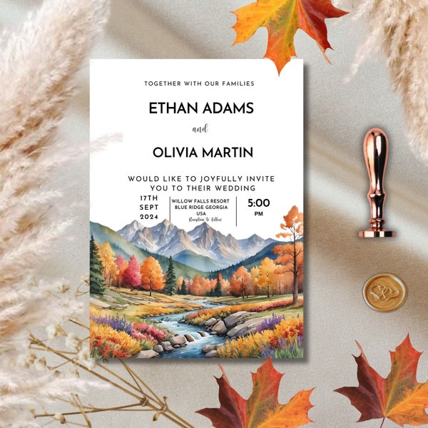 Fall Mountains Wedding Invitation Set, Autumn Wedding Invitation,Fall Wildflowers Wedding Template Set,Instant Download