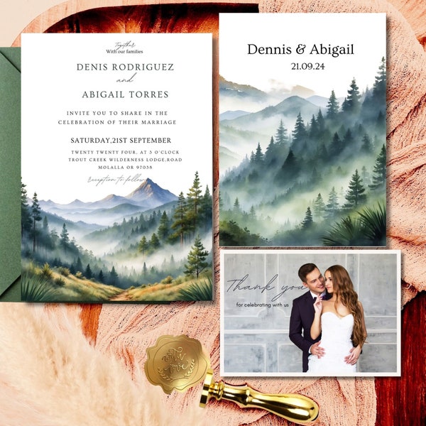 Mountain Wedding Invitation Set,Woodlands Pine Forest Wedding Invitation Suite,Misty Mountains Forest Wedding Invitation