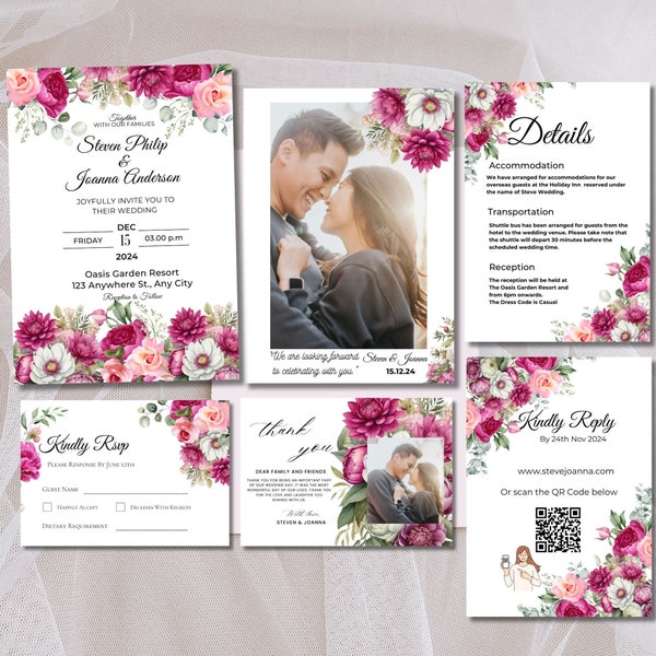 Pink Floral Wedding Invitation Suite,Blush Pink Fuchsia wedding invite bundle,Hot Pink Wedding Invitation Template,Magenta Pink Floral